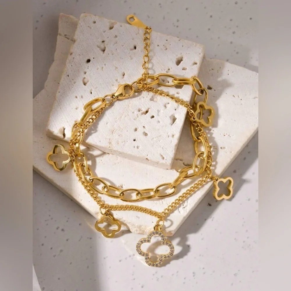 Elegant Gold Bracelet with Motif Flower Charms Double Chain